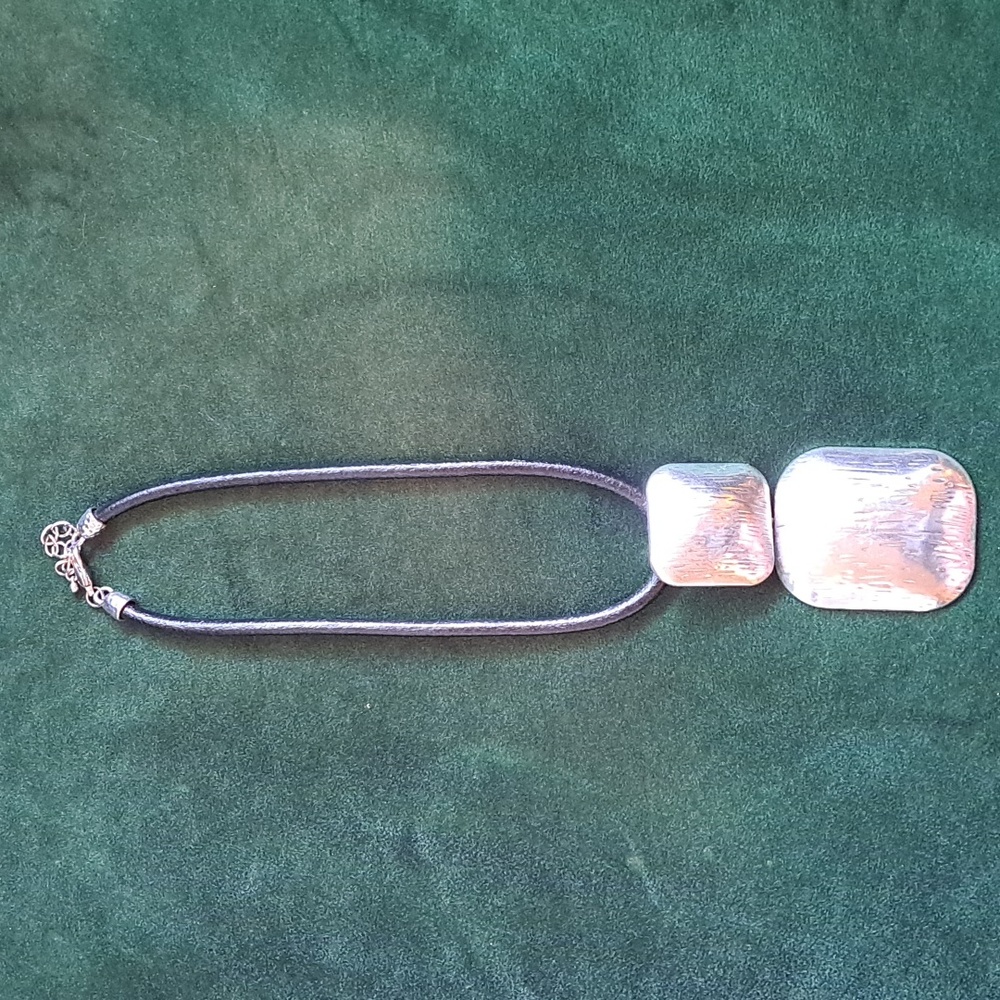 Short Black leather with Silver Blocks necklace.